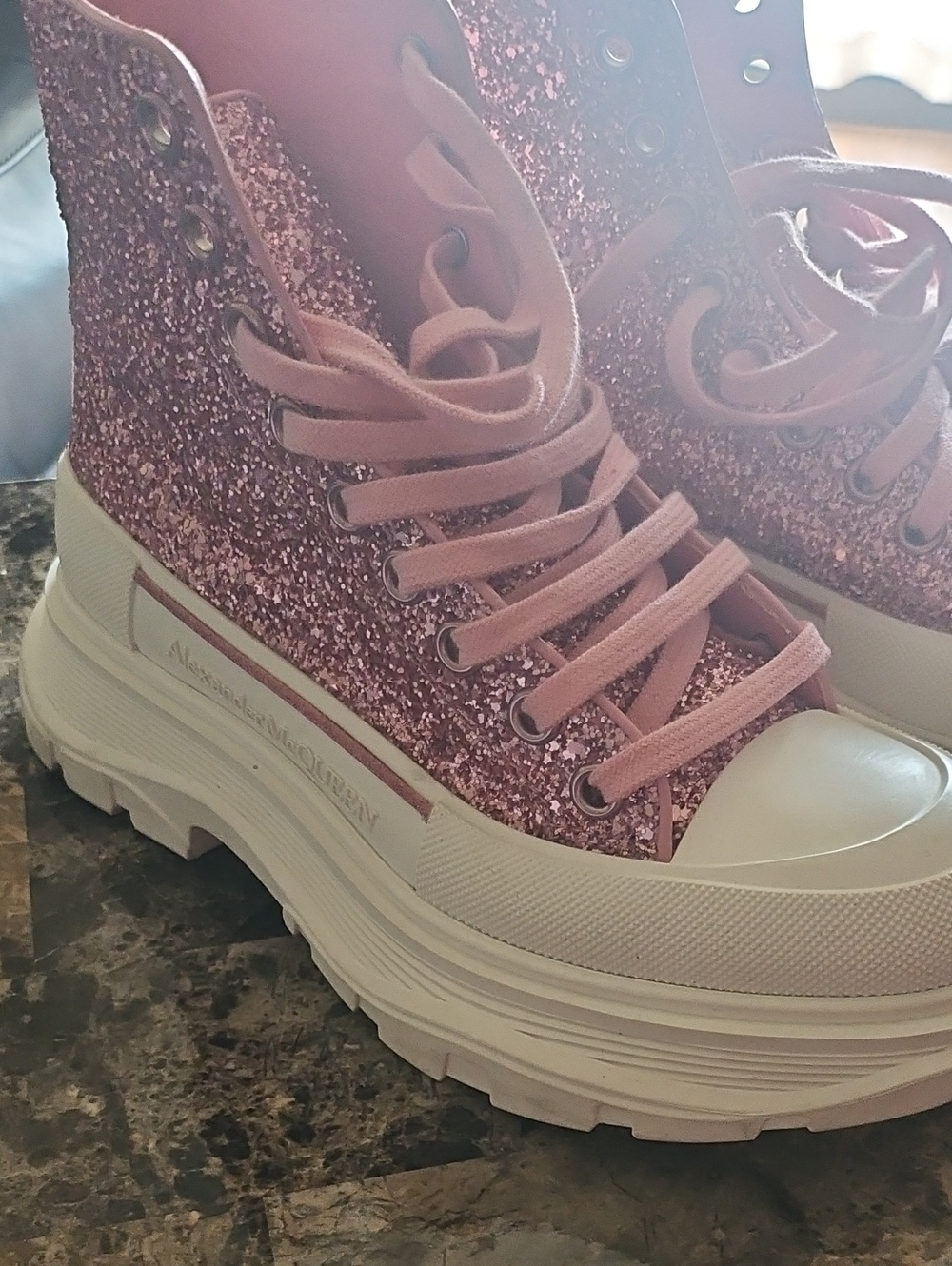 Alexander McQueen Pink Glitter Lace-Up Platform Boots